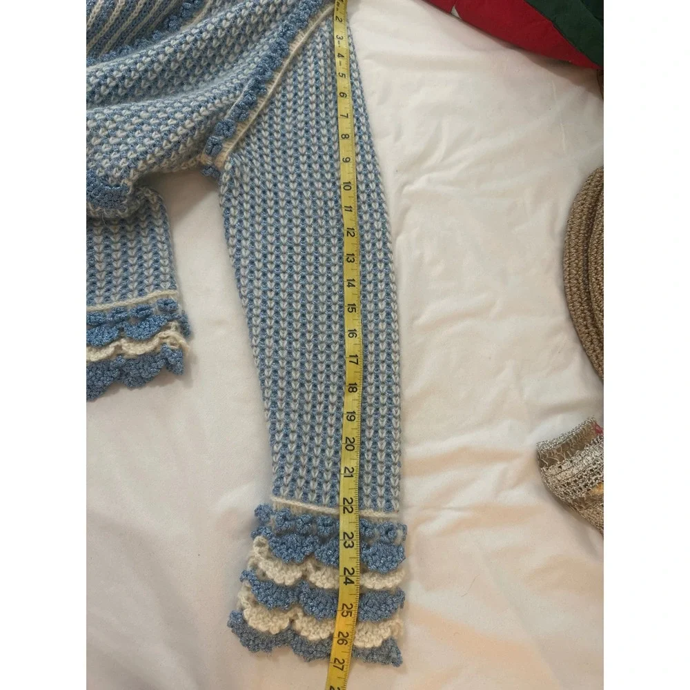 One Girl Who blue tweed cardigan mohair blend scallop metallic knit grandmacore